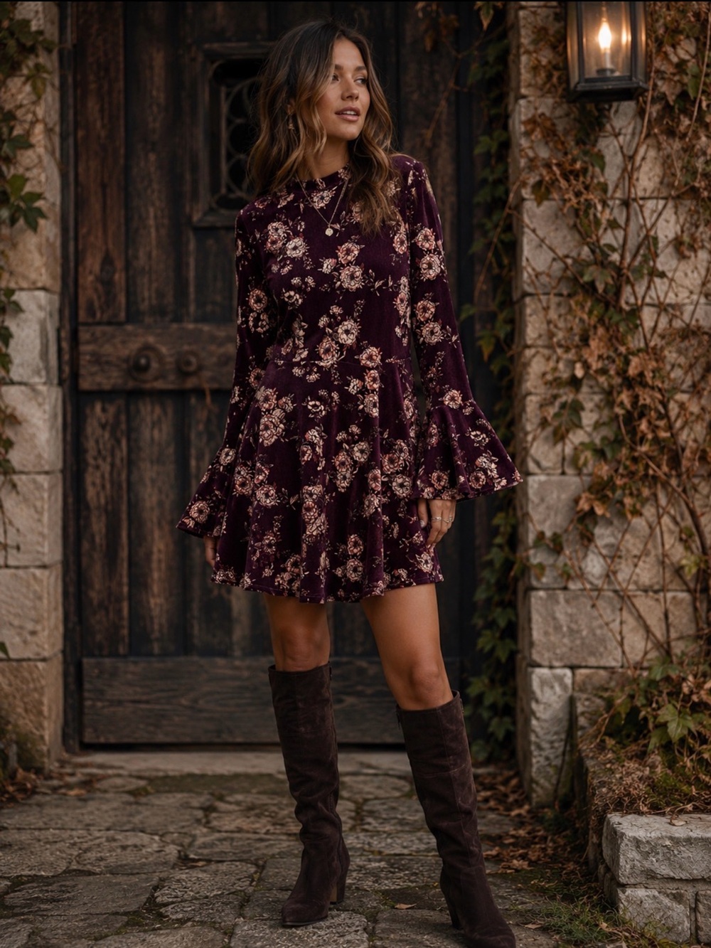 As U Wish Plum Floral Velvet Bell Sleeve Fit & Flare Dress Size L